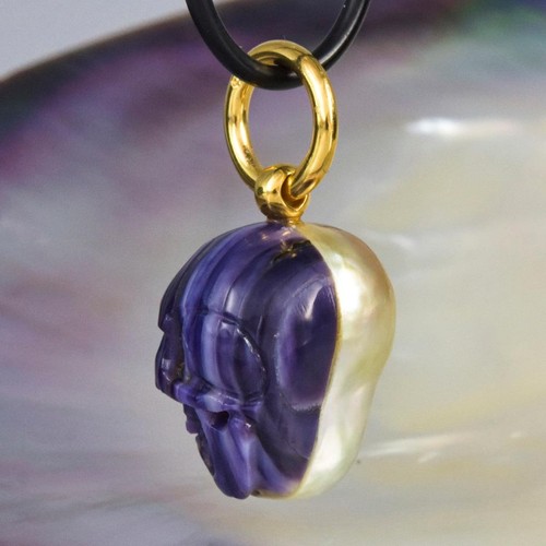 Skull IN Süd See Perle Anhänger Geschnitzter Lila Muschel Vermeil Sterling 7.56g - Bild 9 von 14