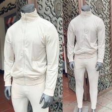 Men's Ecru Full Zip Fitted Velour Tracksuit