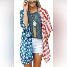 Patriotic American Flag Kimono Cover Up Stars Stripes Boho Beach 4th of July