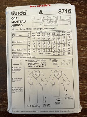 Burda 8716 UNCUT Sewing Pattern, Misses' Coat, Size 10-24 | eBay