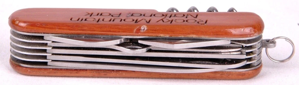 Multi Tool 3 1/2" Pocket Knife Engraved Rocky Mountain National Park Wood Handle