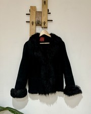 Olsen Black Luxury Real Lamb Fur Sheepskin Leather Suede Short Jacket Coat Uk 14