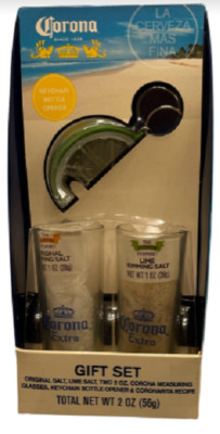 Corona Extra Gift Set: Wedge Lime Bottle Opener, & 2 Measuring Glasses w/ Salt