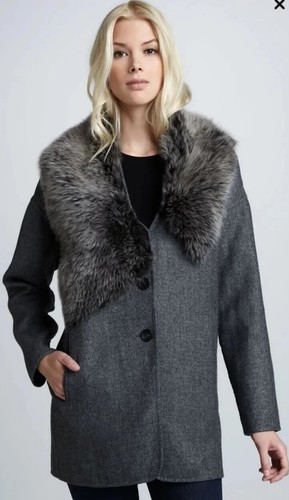 Rebecca Taylor Coat Lamb Fur Collared Wool Blend Duster Jacket Shearling S $995  - Picture 1 of 17