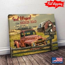 Vintage Customized Name &amp Date Old Red Truck On Farm God Blessed The Broke...