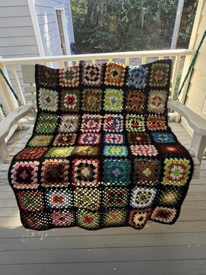 Vtg Roseanne Granny Square Black Colorful Afghan Crochet Throw Blanket 40  x 72 