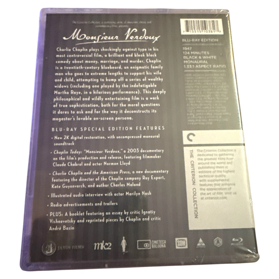Monsieur Verdoux Criterion Collection Blu-ray 1947 Sealed Charlie Chaplin - Image 2 of 2