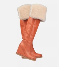 NEU CELINE Damen Braun Leder Lammfellfutter Keilabsaz Overknee Steifel Boots 39