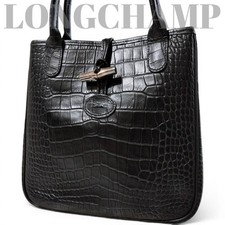 Longchamp Roseau Croc Embossed Leather Tote Bag Black Bamboo Business Shoulder