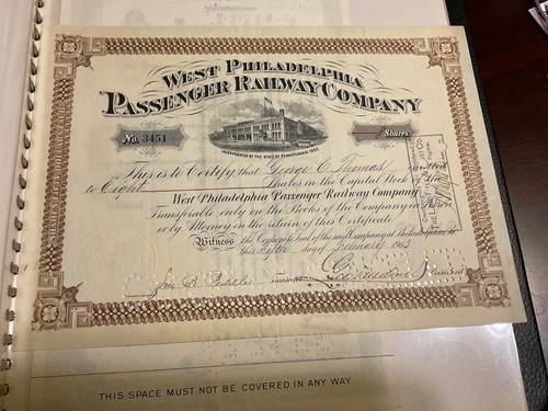 West Philadelphia Passenger Railway Co. Aktienzertifikat. 1903 für 8 Aktien