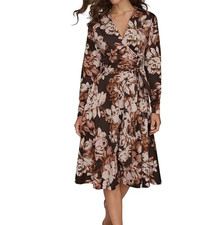 Donna Karan Brown Floral Cotton Tie Waist Shirt Dress 6