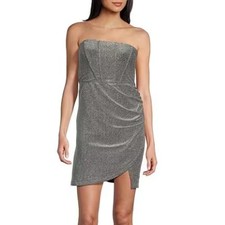 Lulus Sensational Shine Mini Dress Womens Large Silver Strapless Ruched Holiday