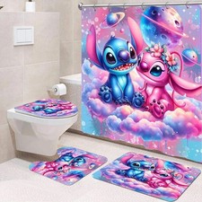 Stitch and Angel Bathroom Shower Curtain Sets, 4-pieces Bathroom Sets Fan Gifts