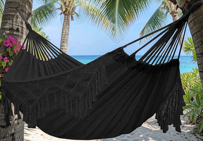 NEW Black Bohemian Hammock Tassels Canvas Double Wide Hanging Straps Carry Bag