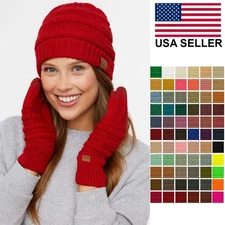 C.C 2pc Unisex Classic Solid Color Ribbed Cable Knit Beanie and Gloves Set
