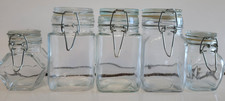 5 CLEAR GLASS CONDIMENT JARS CANISTERS WITH LOCKED LIDS 3 LARGE 2 SMALL