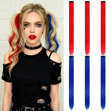 Hair Extensions Clip-In Synthetic Colorful Red Blue 6 Pcs Heat Resistant Curly