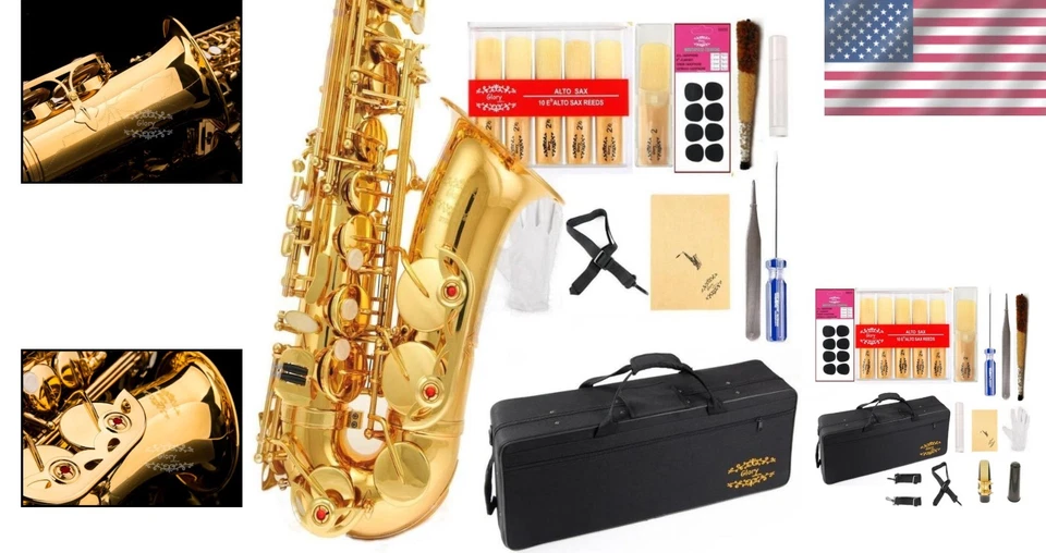 Saxofón alto plano profesional de laca dorada E con accesorios para todos los músicos Foto 2 de 4