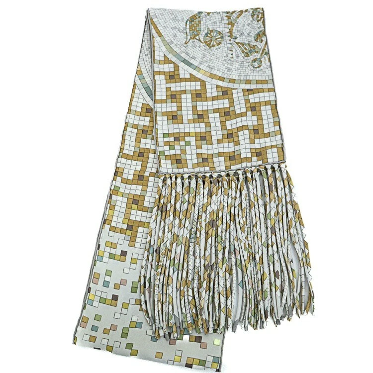 Hermes — ◆Authentic HERMES Mosaique au 24 Silk Long Scarf Stole Fringe Beige Gray w/Box