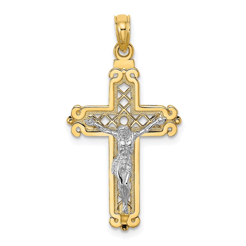 14K Two-tone Gold Fancy Crucifix Charm Pendant L-1.3 Inch, W-0.71 Inch 1.71gm