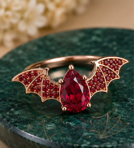 Authentic 9ctSimulated Garnet Bat Wing Gothic Vampire Statement Band Ring Rose Gold Plated