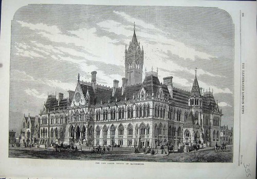 Original Old Antique Print 1864 Building New Assize Courts Manchester Fine Art