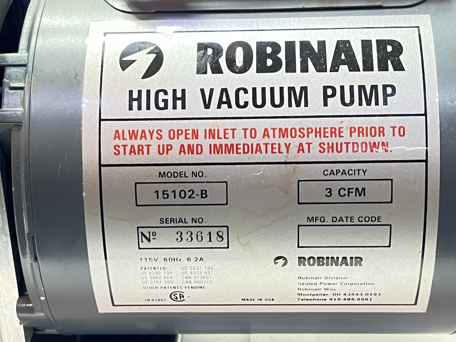 Robinair High Vacuum Pump Model 15102-B 3CFM used