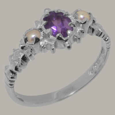 Solid 925 Sterling Silver Natural Amethyst & Cultured Pearl Womens Trilogy Ring