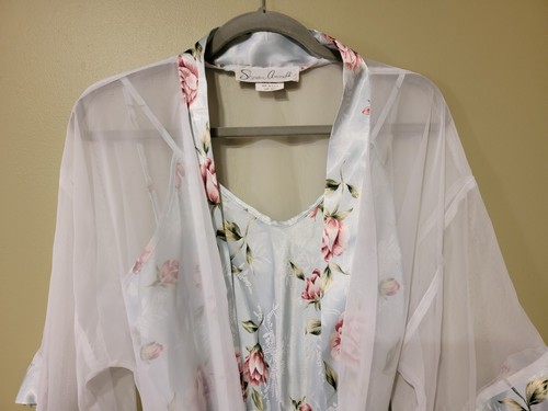 Vintage Shereen Annette Sheer Robe and Slip Nightgown Blue Floral One Size USA - Picture 4 of 10