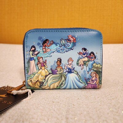 Loungefly Disney Princess Group Reading Books Zip Around Wallet Blue NEW