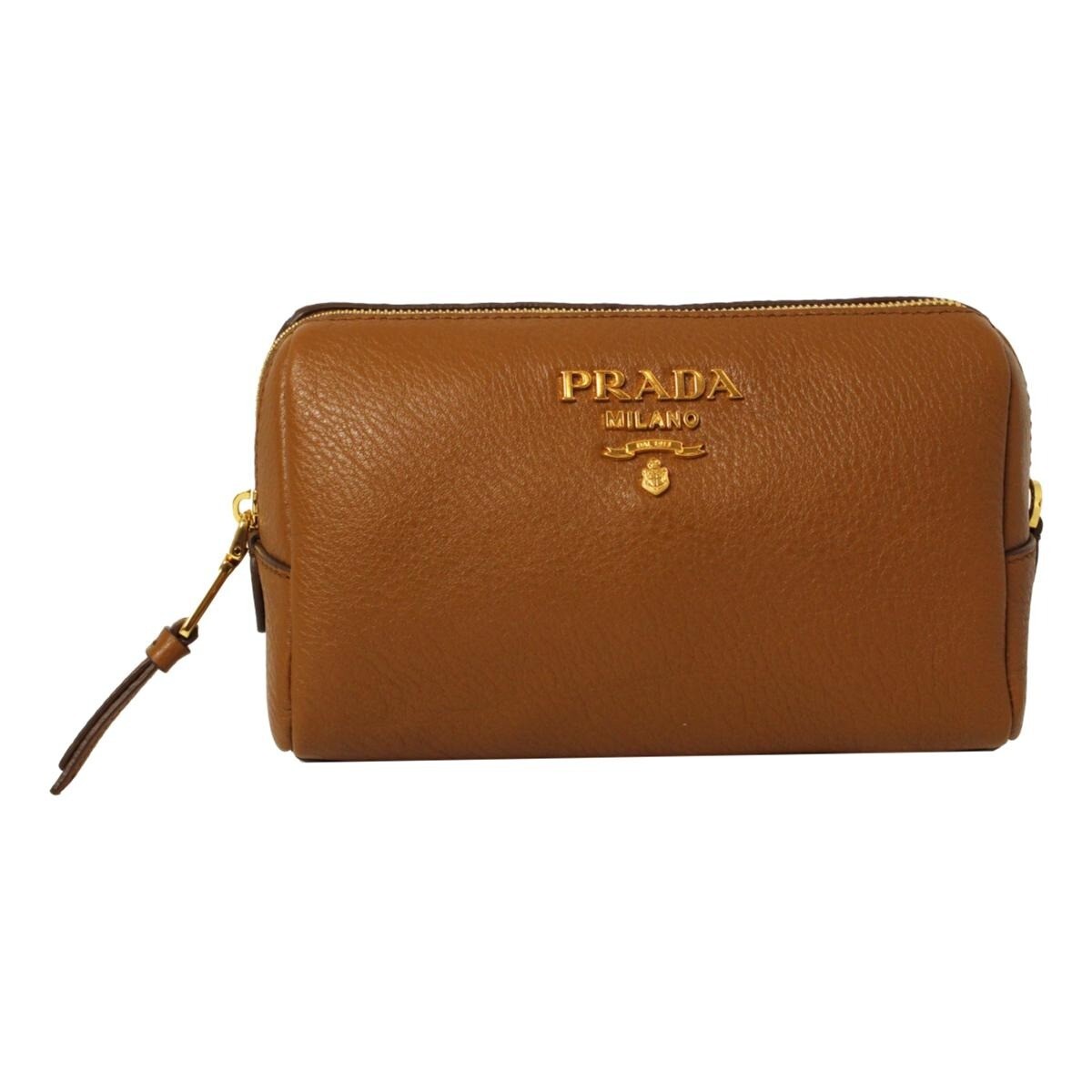 New Prada Vitello Daino Cannella Brown Leather Cosmetic Pouch