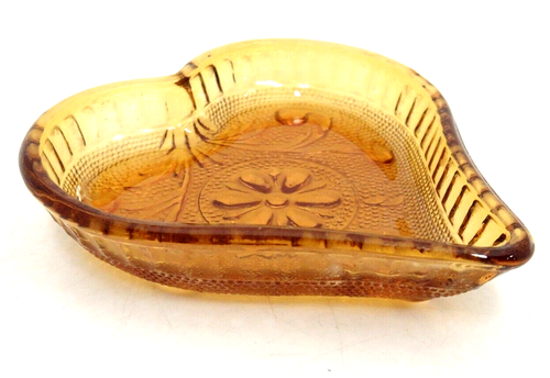 Indiana Glass Tiara Amber Heart Shaped Trinket Dish Pin Tray 3.5" Embossed - Picture 2 of 3