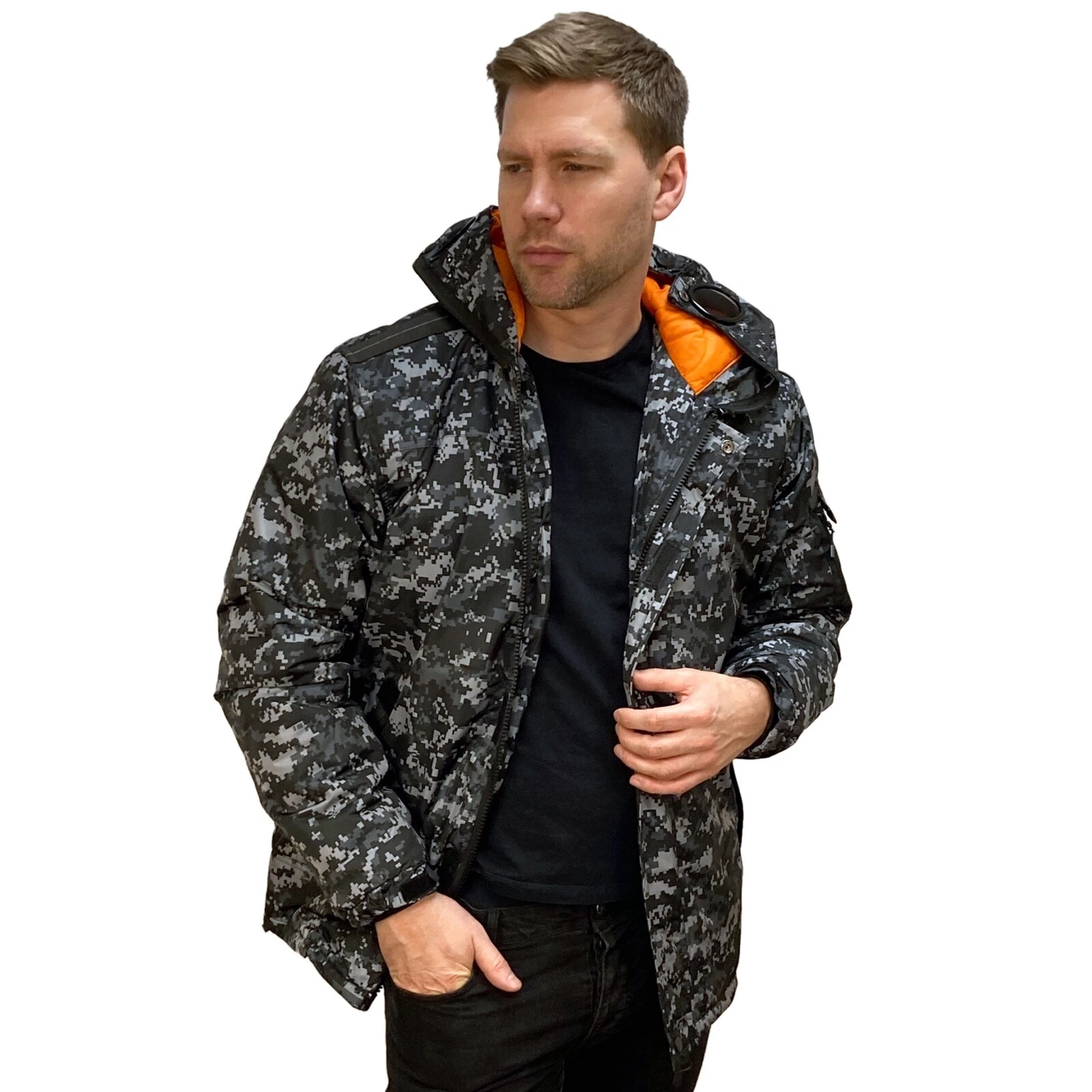 Mens Padded Coat Infiltrator Goggle Camo / BLK Hooded Location Jacket Mid Length
Opens in a new wind