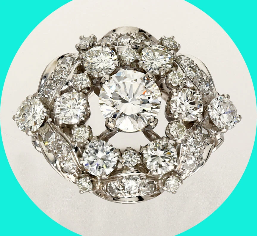 Platinum 3.67CTW E G diamond cocktail ring 1.22CT round brilliant sz 3 3 4