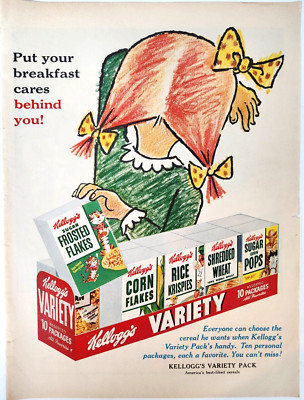 Pigtail Girl Kelloggs Corn Flakes Variety Pack Cereal Vtg 1954 Ad Magazine Print