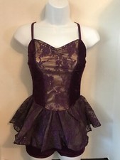 BALERA One Piece Eggplant Sleeveless Dance Body Suit with Tulle Glitter Skirt
