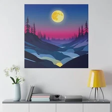 Moon Mountain Range Forest Trees and Sky Dark Colors Wall Decor Art Matte Canvas