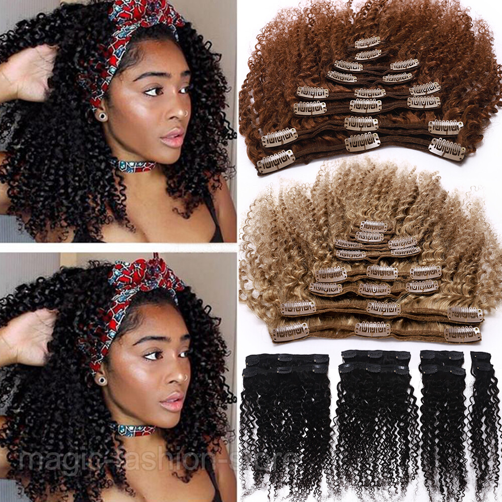 100% Virgin Thick Afro Kinky Curly Clip In Human Hair Extensions Full Head  Brown