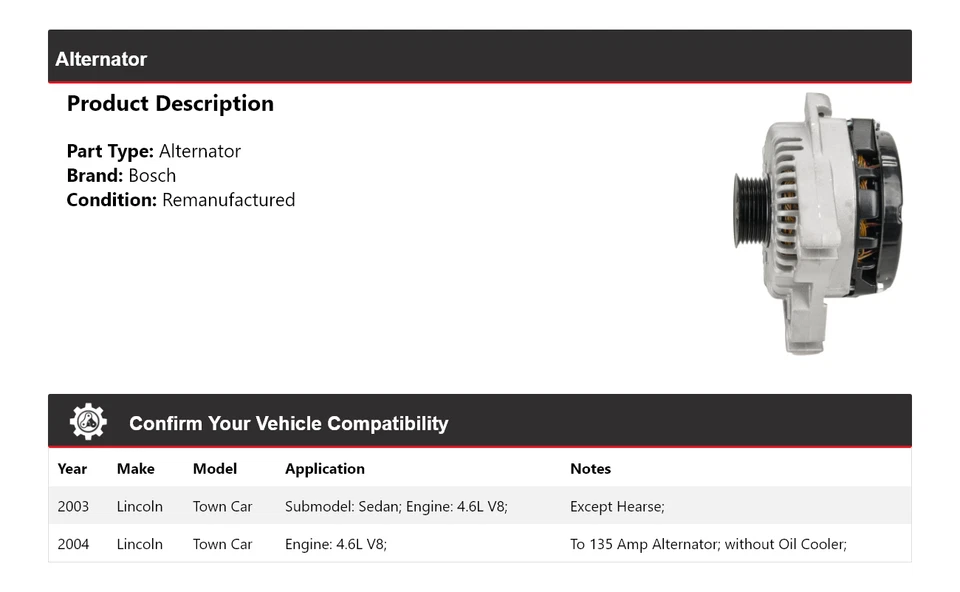 Alternador Bosch V8 4,6 L para Lincoln Town Car 2003-2004 (remanufacturado) Foto 2 de 4