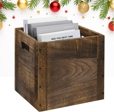 Wood Decorative Storage Cube Boxes with Handles, Rustic Brown Large Storage Bask