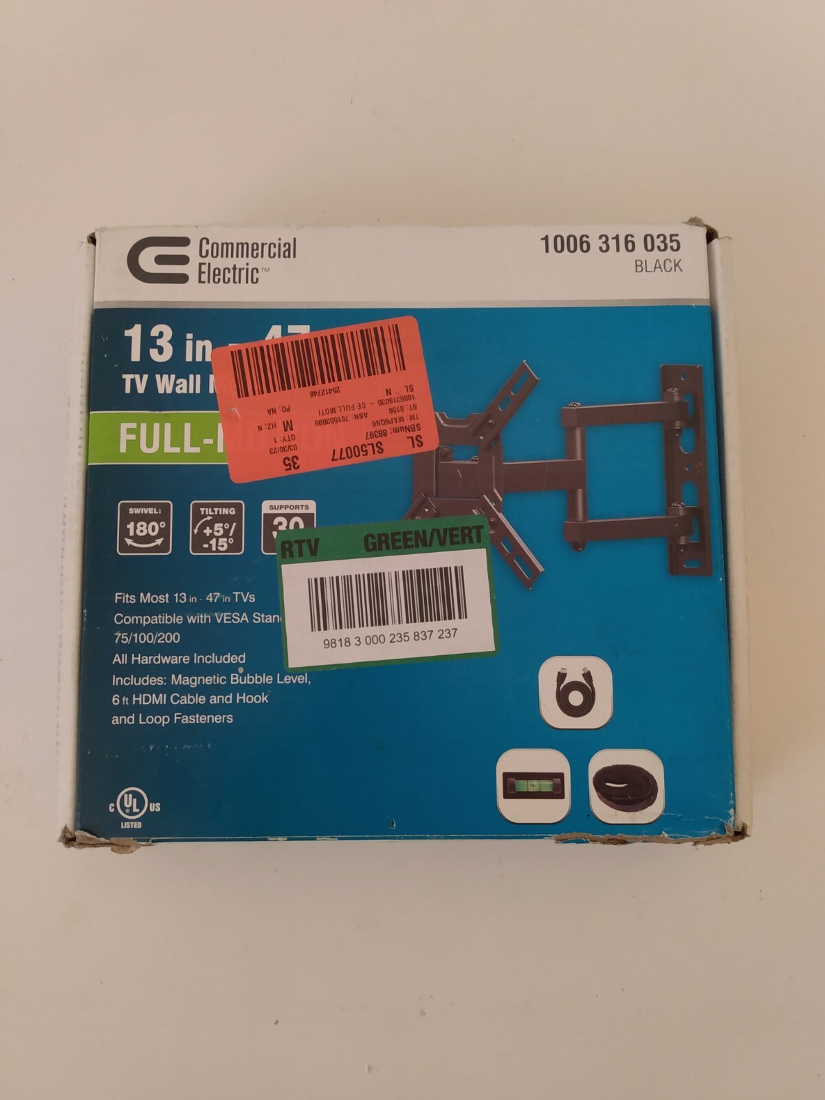 Commercial Electric Full Black 30 lb Support 13"- 47" Swivel TV Wall Mount