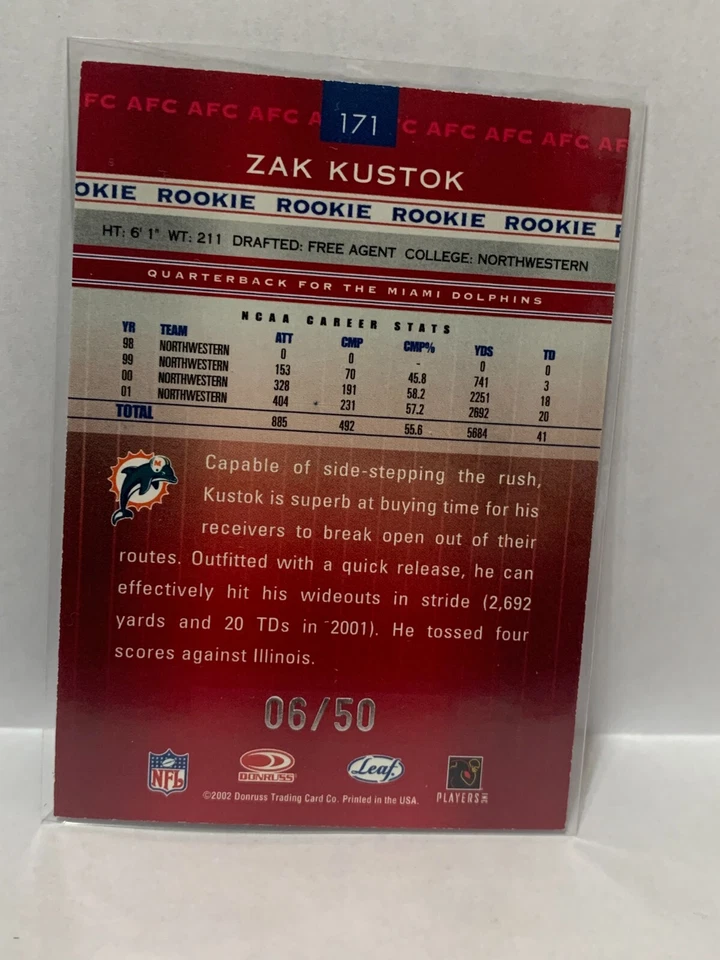 2002 Leaf Rookies and Stars Longevity #'d/50 - ZAK KUSTOK - Image 2 of 2