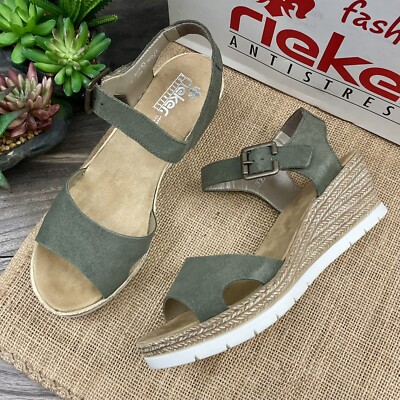 NIB Rieker Open Toe Ankle Strap Wedge Sandal Green Suede 619B3-54 EU 39 US 8