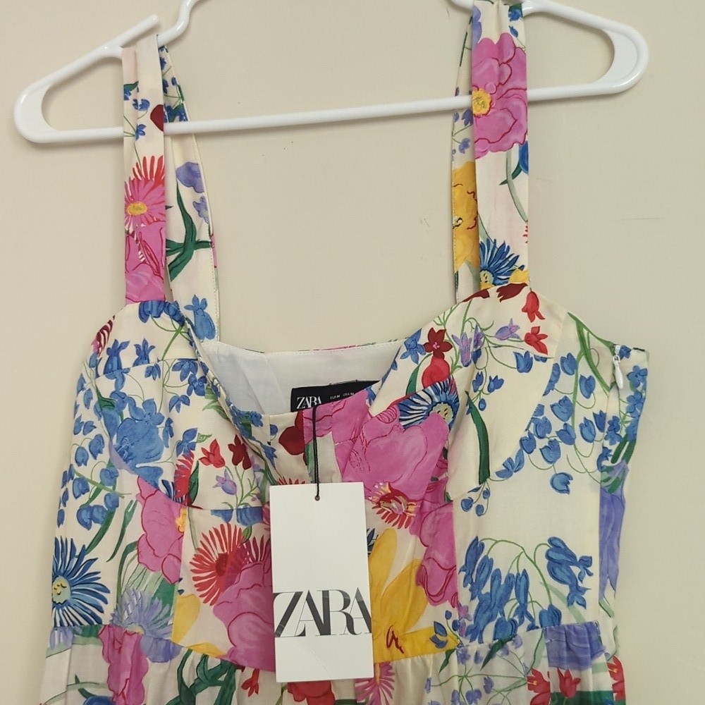 Zara floral print dress tiered maxi multicolor white pink