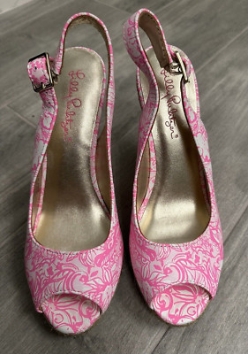 NEW Lilly Pulitzer Womens Pink Tropics Krisie Leather Sling Wedges Size 6.5