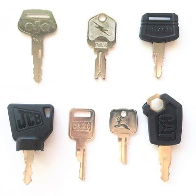 7 pc OEM Logo Heavy Equipment Key Set CAT Case Deere Hitachi JCB Pollak Komatsu
