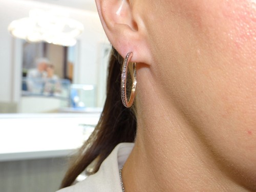 Natural 14k Rose Gold 1ct Round Fancy Brown Diamond Hoop Earrings 1 inch - Picture 2 of 6