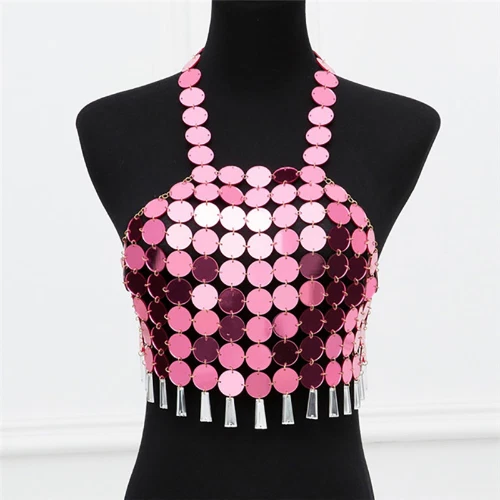 Halter Sin Mangas Lentejuelas Espalda Geométrica Patchwork Flecos Hueco Fiesta Foto 4 de 4