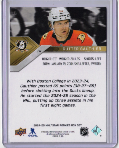 CUTTER GAUTHIER 24/25 2025 Upper Deck Star Rookies Box Rookie Anaheim Ducks #1 - Picture 2 of 2