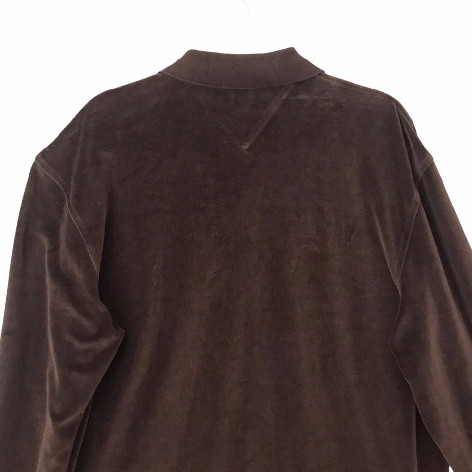 Camisa polo masculina vintage Tommy Hilfiger manga longa veludo logotipo marrom chocolate GG - Imagem 4 de 4